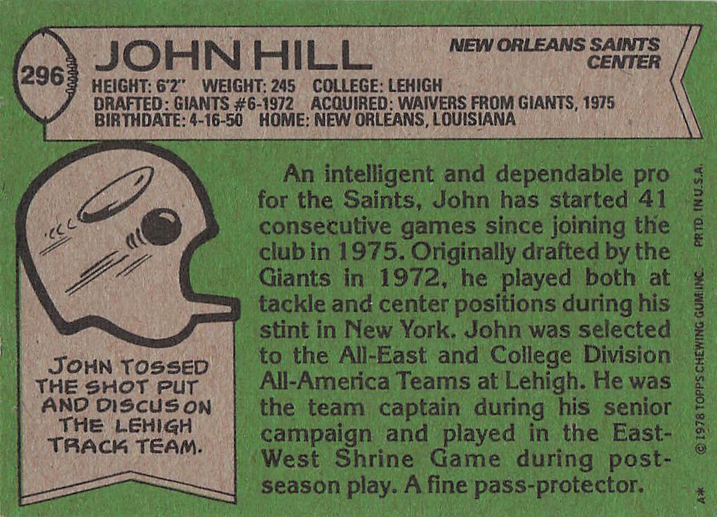 1978 Topps Football John Hill #296
