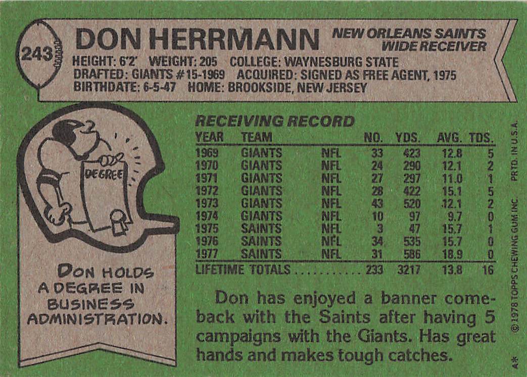 1978 Topps Football Don Herrmann #243