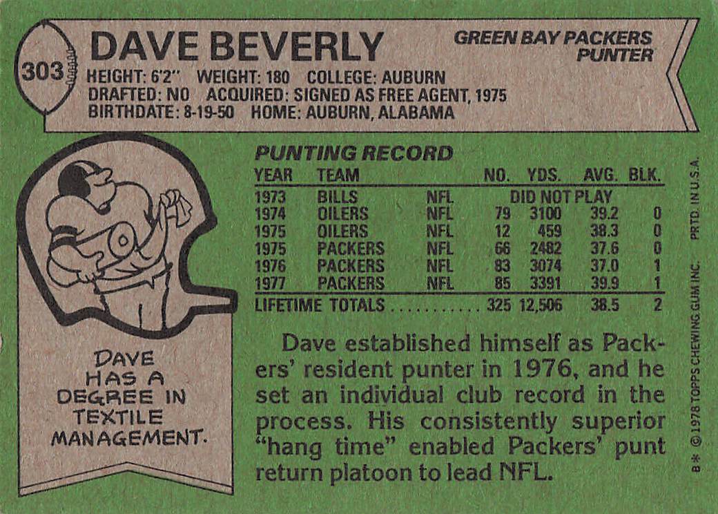1978 Topps Football Dave Beverly #303