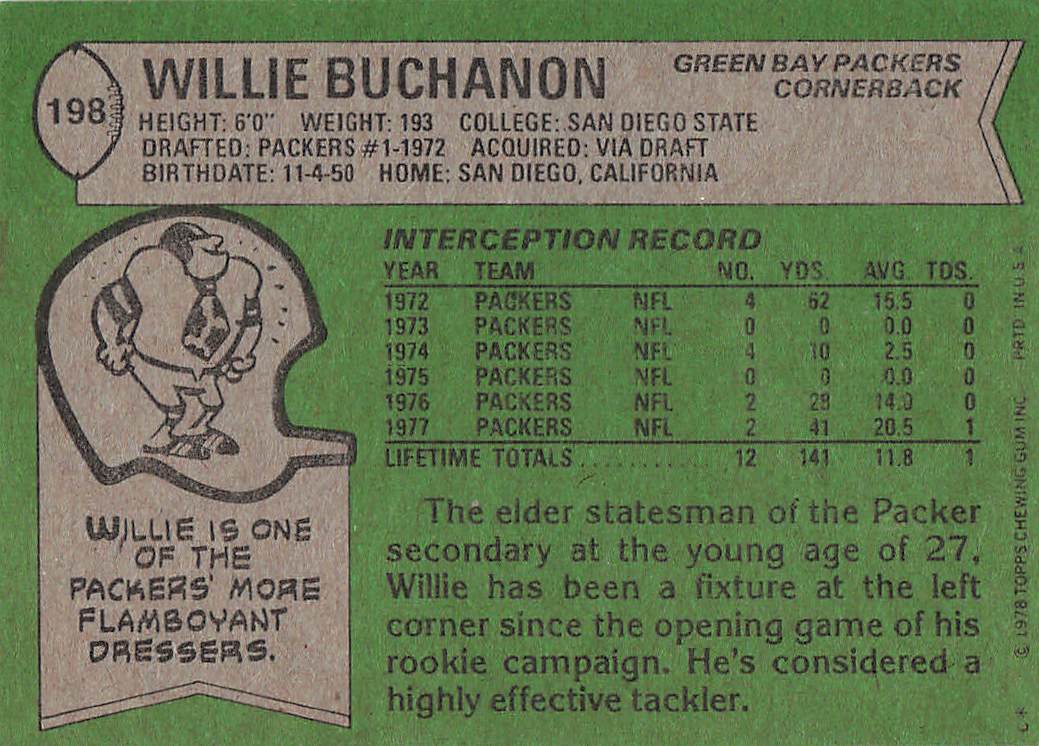 1978 Topps Football Willie Buchanon #198
