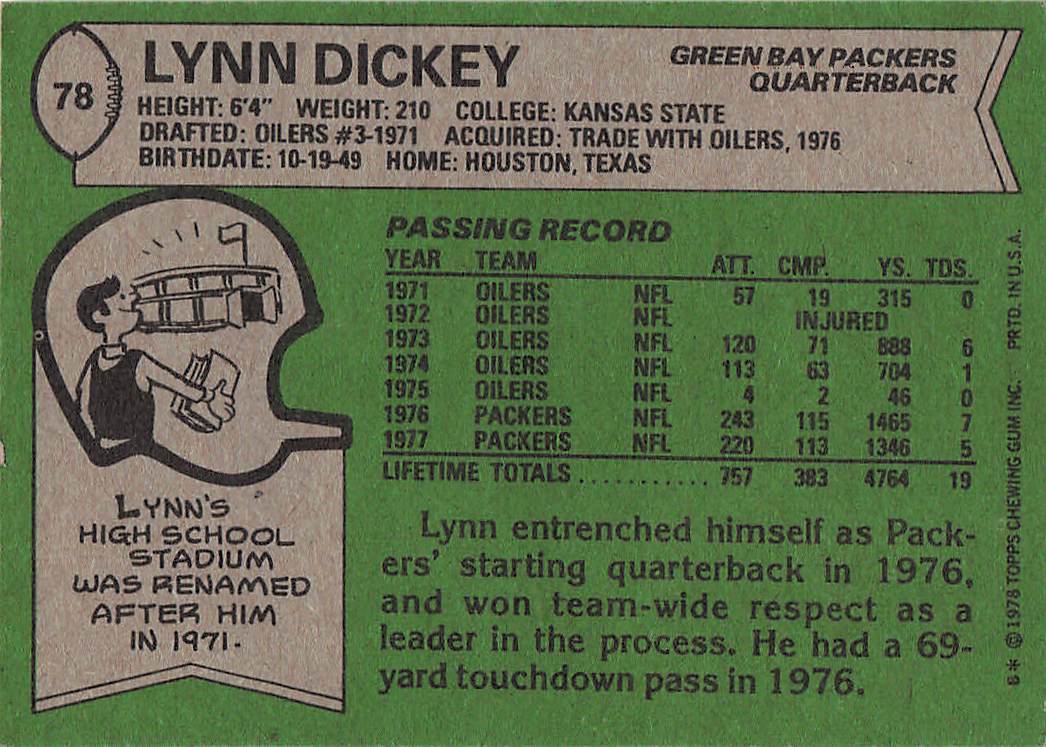 1978 Topps Football Lynn Dickey #78