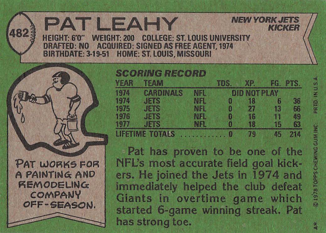 1978 Topps Football Pat Leahy #482