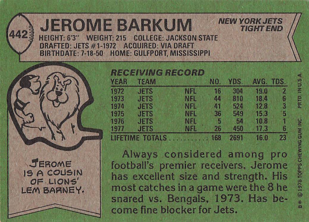 1978 Topps Football Jerome Barkum #442