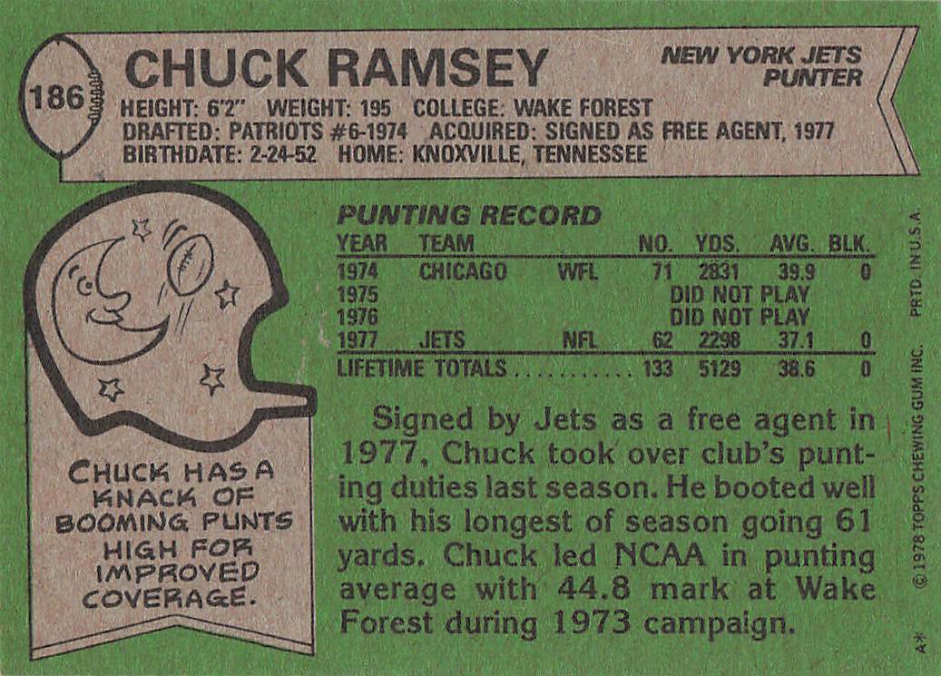 1978 Topps Football Chuck Ramsey #186 Rookie