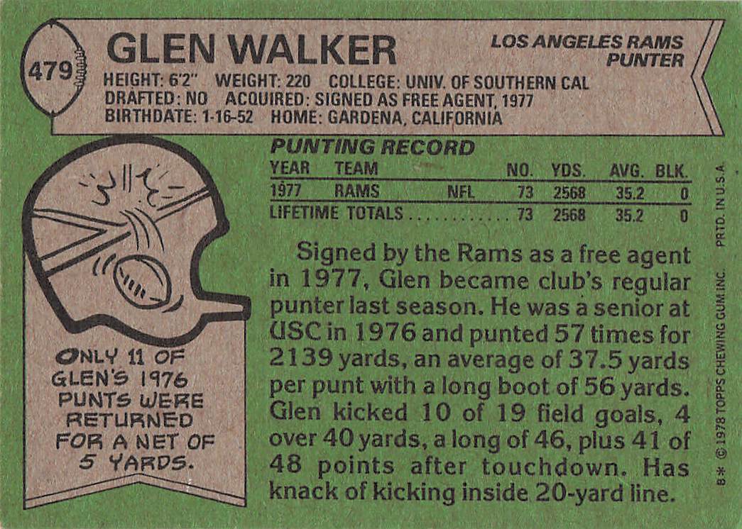 1978 Topps Football Glen Walker #479 Rookie