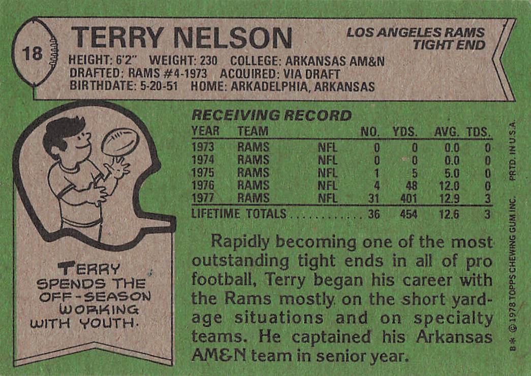 1978 Topps Football Terry Nelson #18 Rookie