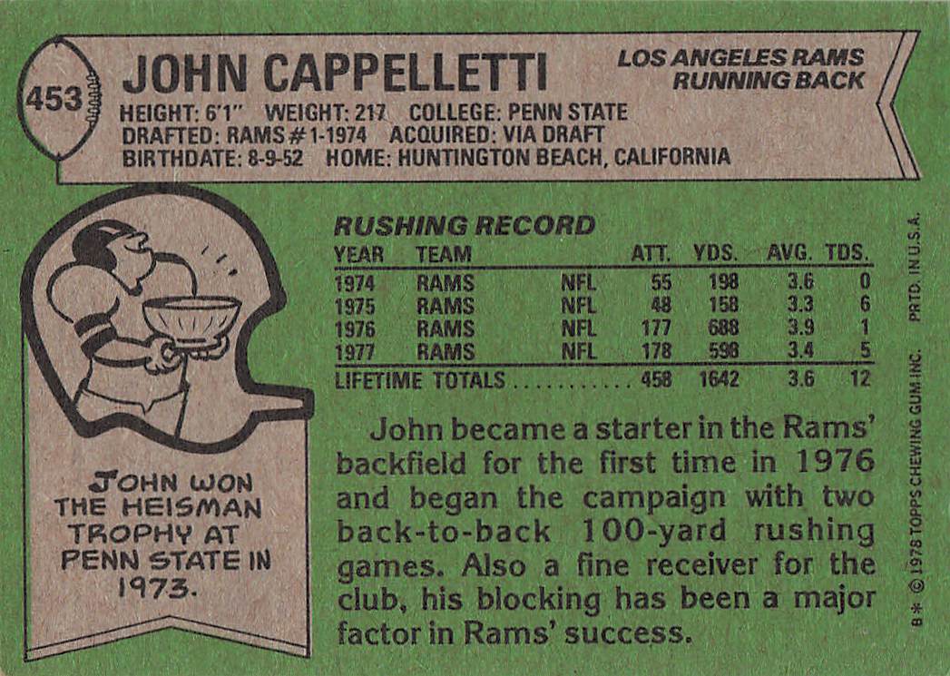1978 Topps Football John Cappelletti #453