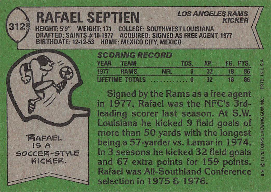 1978 Topps Football Rafael Septien #312 Rookie