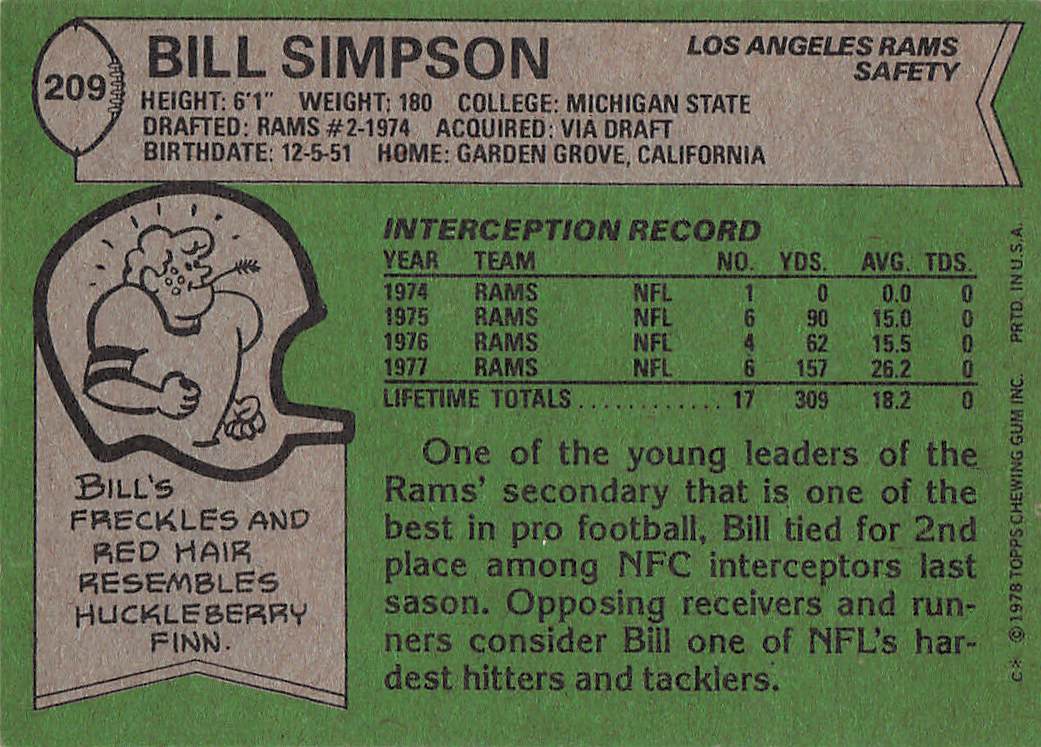 1978 Topps Football Bill Simpson #209