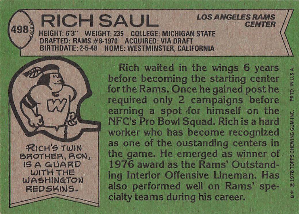 1978 Topps Football Rich Saul #498