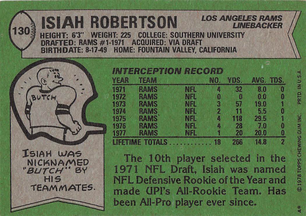 1978 Topps Football Isiah Robertson #130