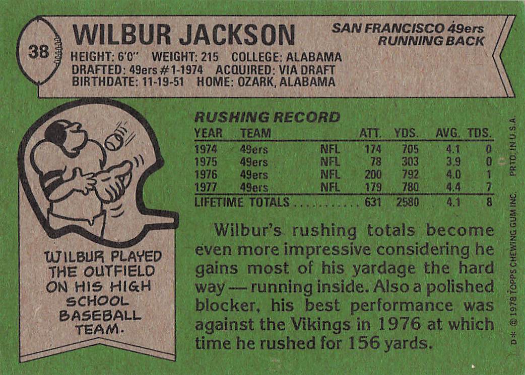 1978 Topps Football Wilbur Jackson #38