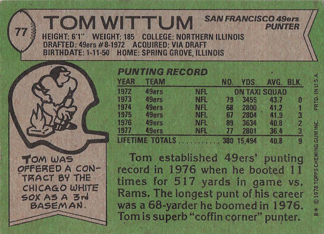 1978 Topps Football Tom Wittum #77