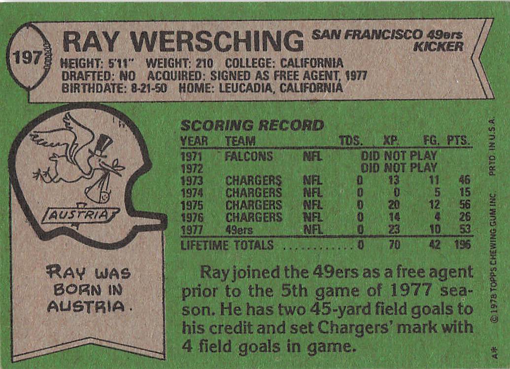 1978 Topps Football Ray Wersching #197