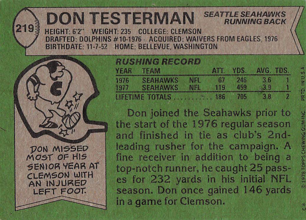 1978 Topps Football Don Testerman #219 Rookie