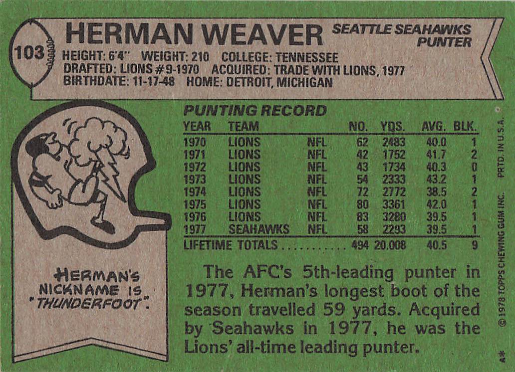 1978 Topps Football Herman Weaver #103