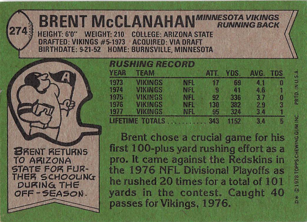1978 Topps Football Brent McClanahan #274