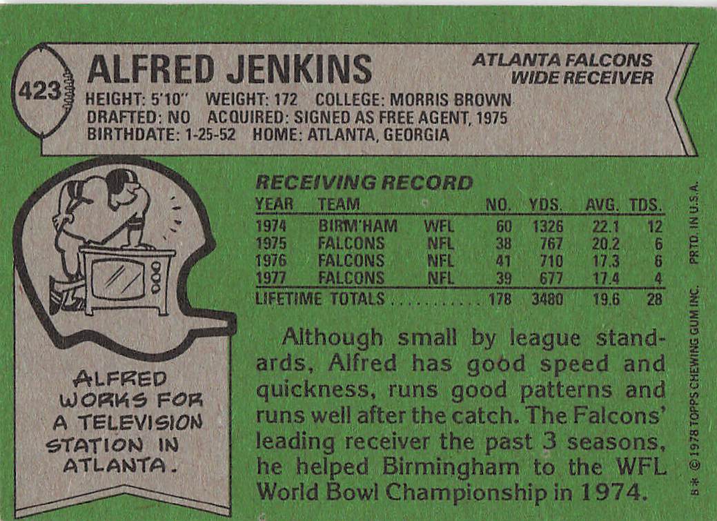 1978 Topps Football Alfred Jenkins #423 Rookie