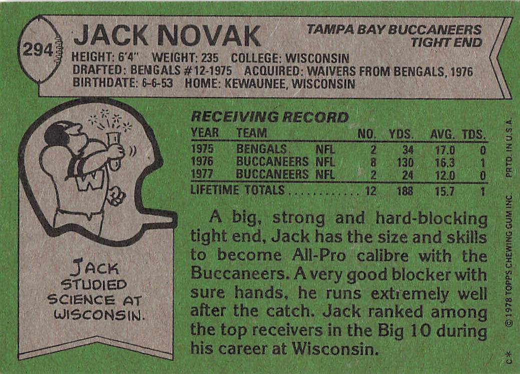 1978 Topps Football Jack Novak #294 Rookie