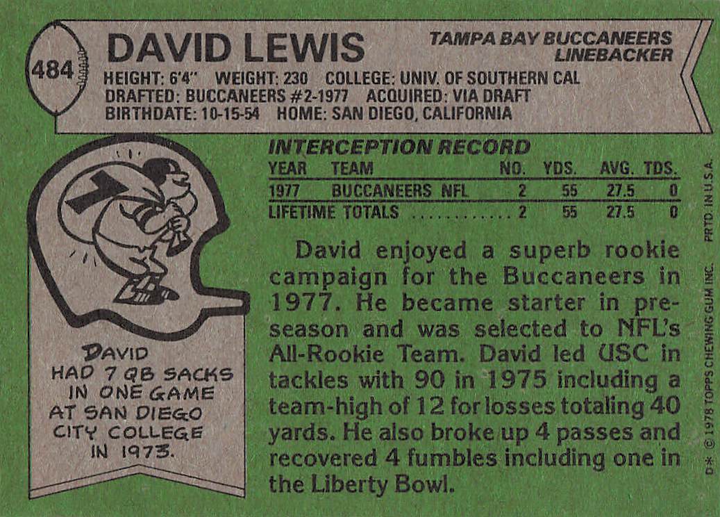 1978 Topps Football David Lewis #484 Rookie