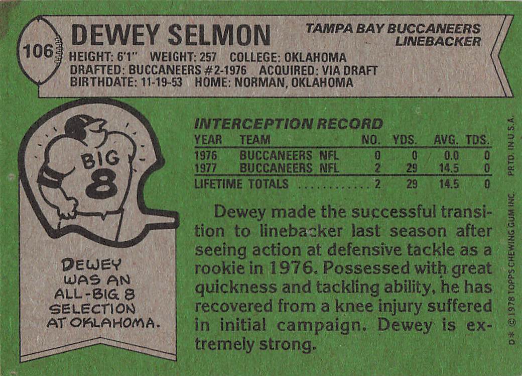 1978 Topps Football Dewey Selmon #106
