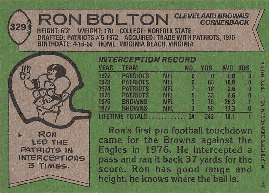 1978 Topps Football Ron Bolton #329