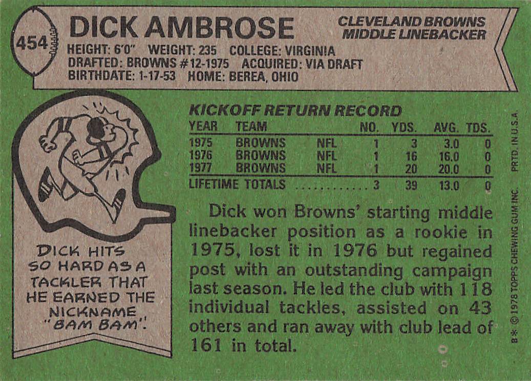 1978 Topps Football Dick Ambrose #454 Rookie