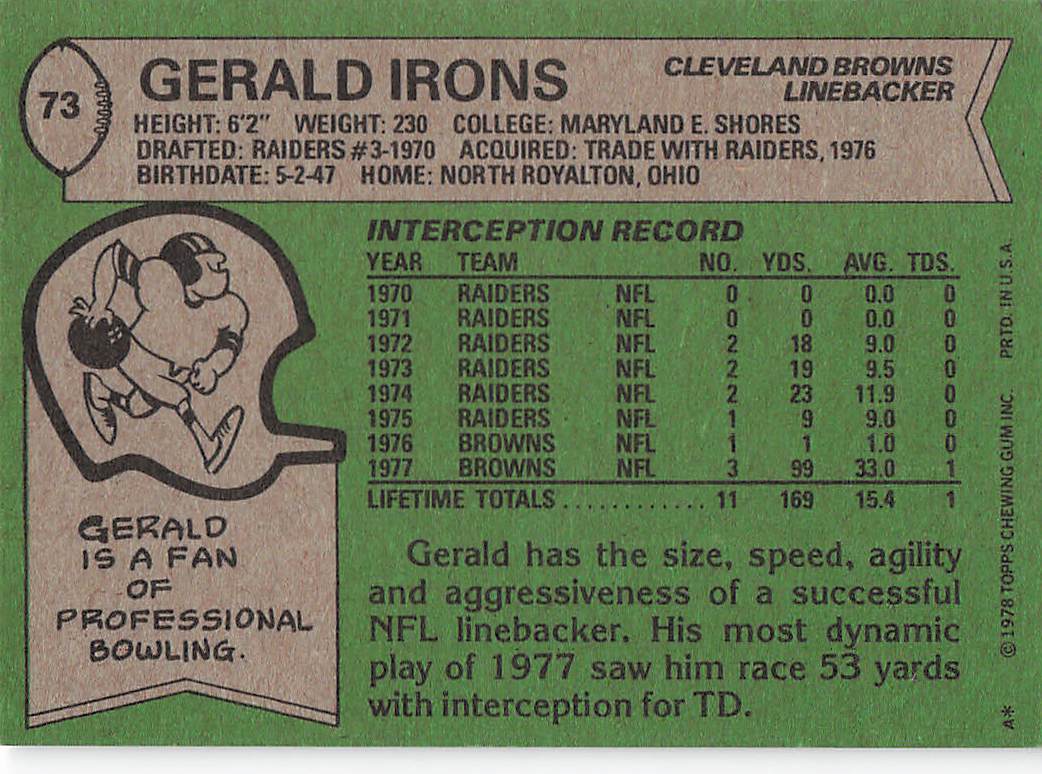 1978 Topps Football Gerald Irons #73
