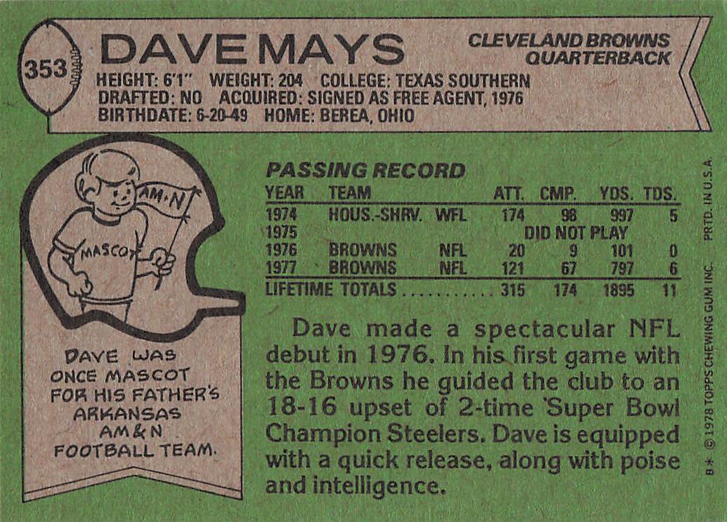 1978 Topps Football Dave Mays #353 Rookie