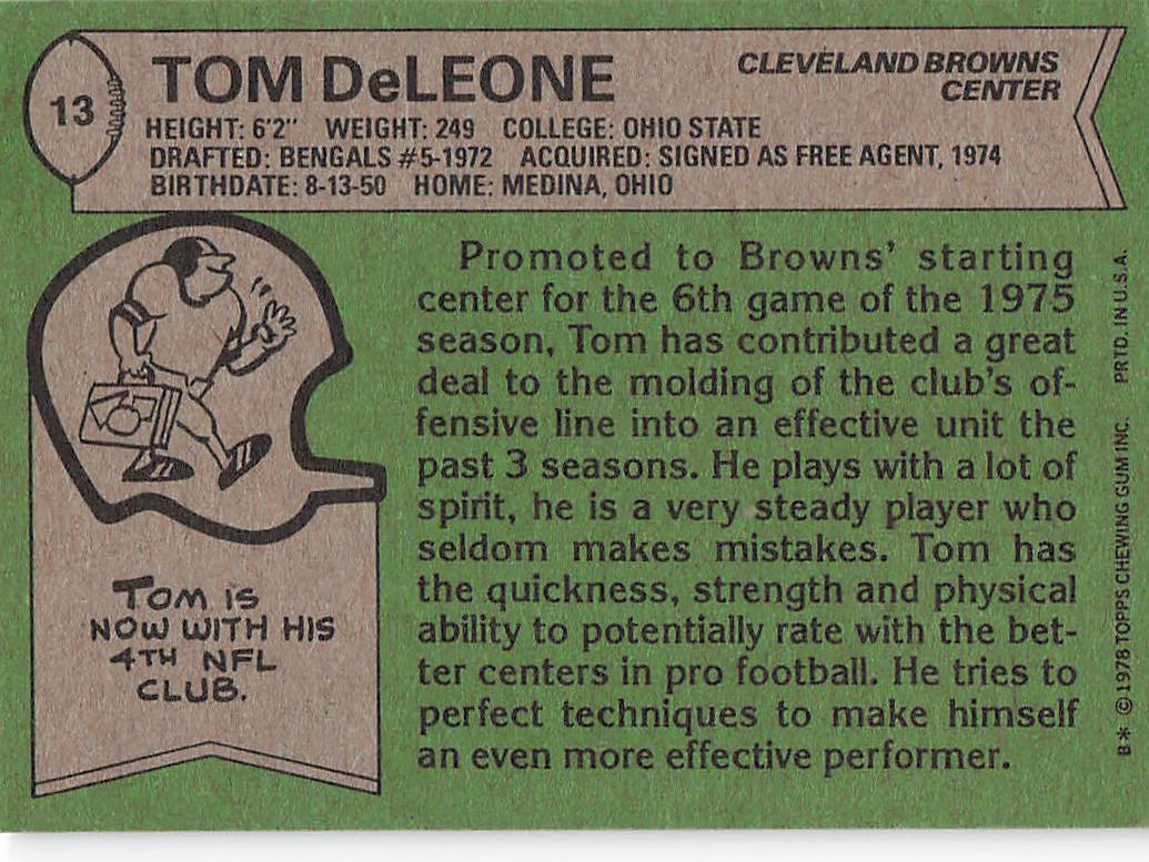 1978 Topps Football Tom DeLeone #13