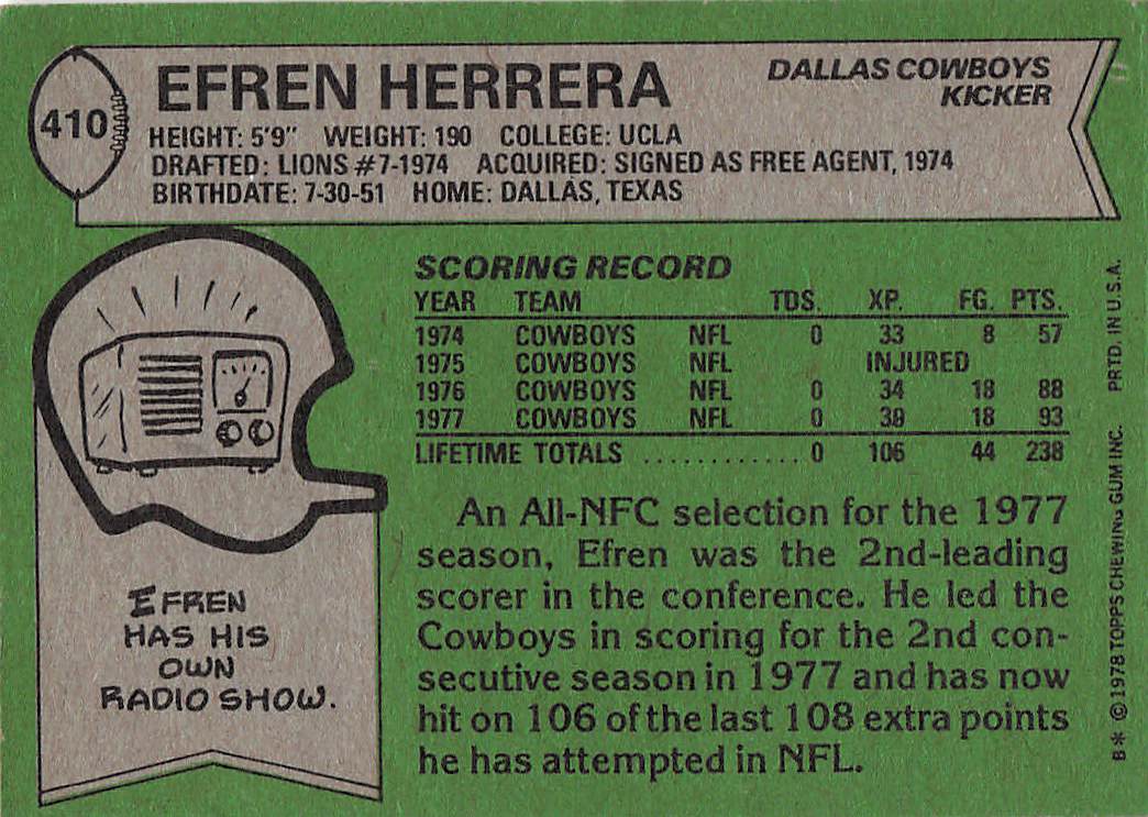 1978 Topps Football Efren Herrera #410