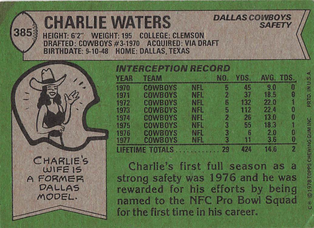 1978 Topps Football Charlie Waters #385
