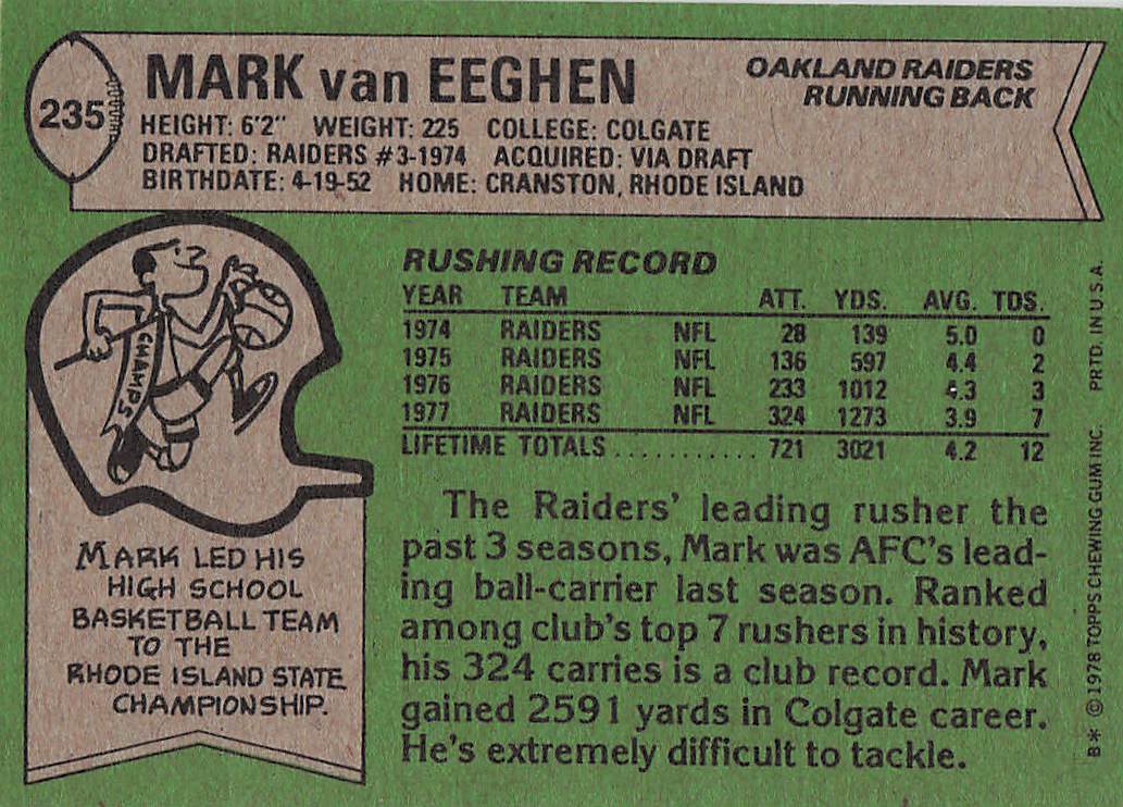 1978 Topps Football Mark van Eeghen #235