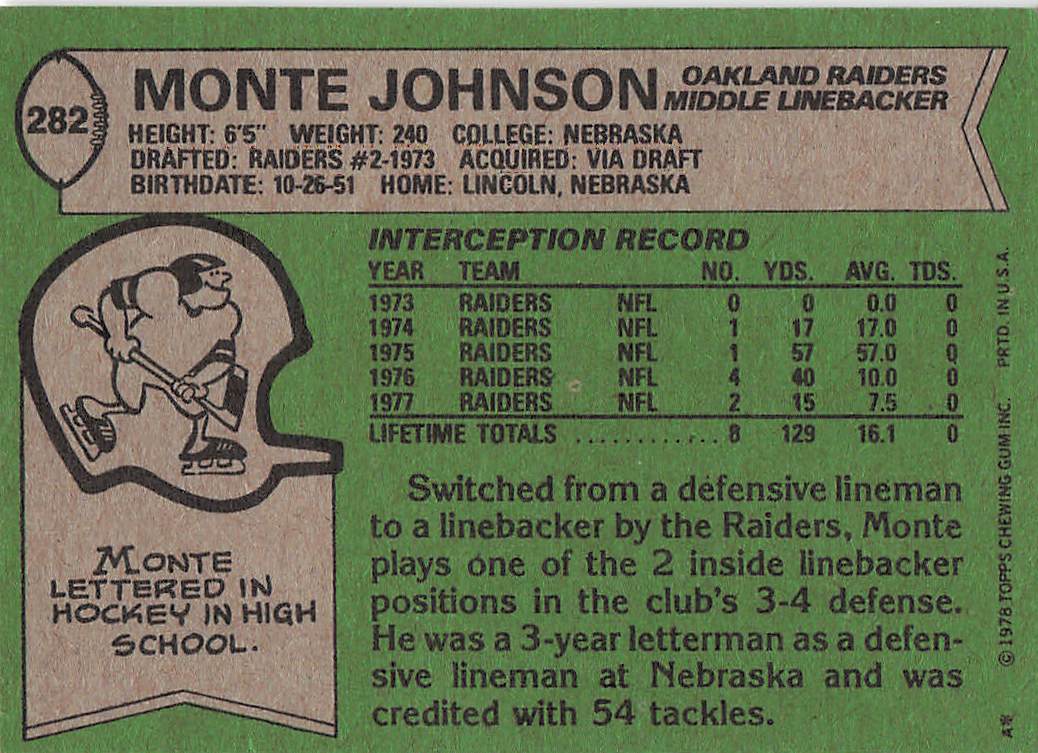 1978 Topps Football Monte Johnson #282