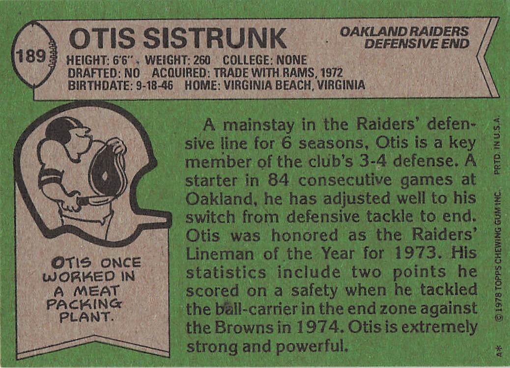 1978 Topps Football Otis Sistrunk #189