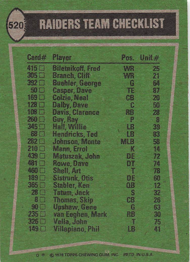 1978 Topps Football Eeghen / Casper / Tatum / Colzie #520