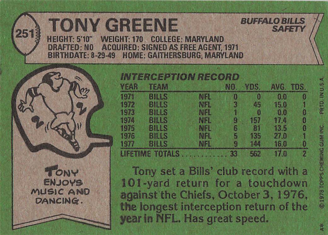 1978 Topps Football Tony Greene #251