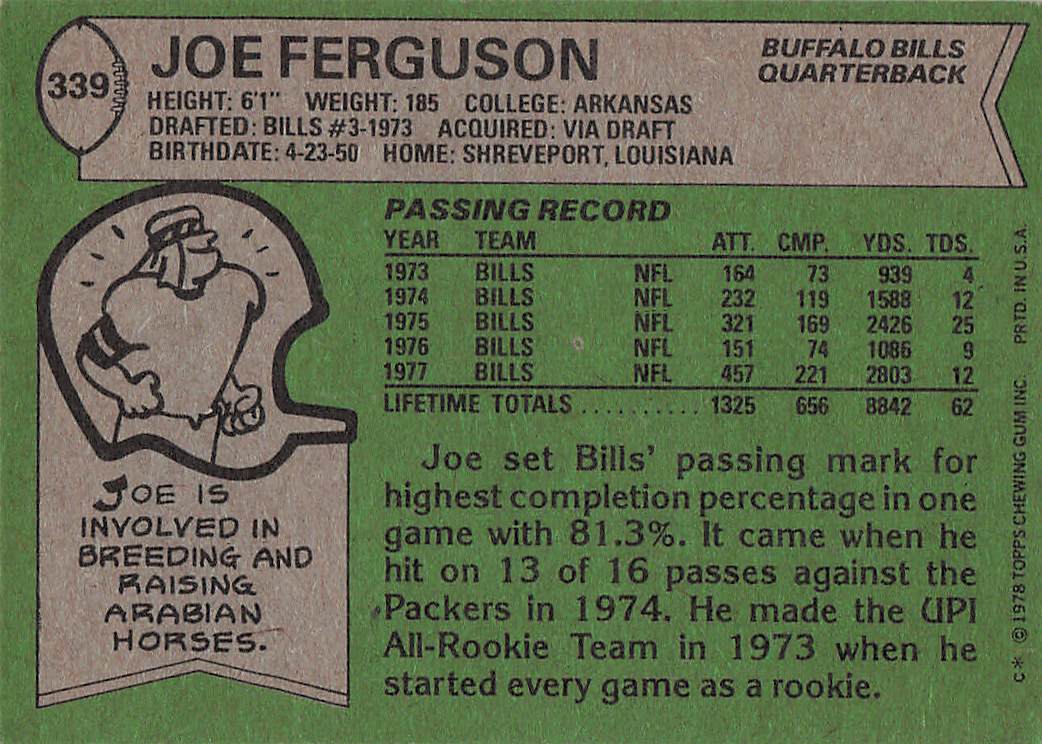 1978 Topps Football Joe Ferguson #339