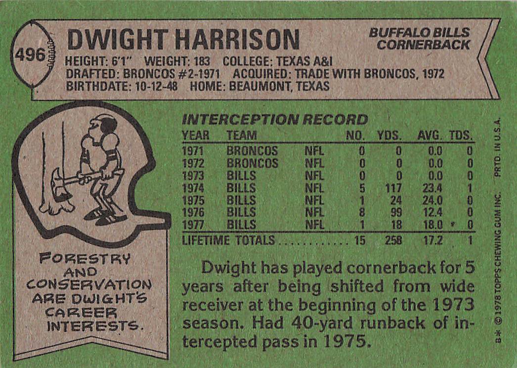 1978 Topps Football Dwight Harrison #496