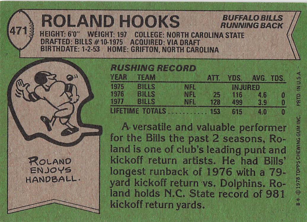1978 Topps Football Roland Hooks #471 Rookie