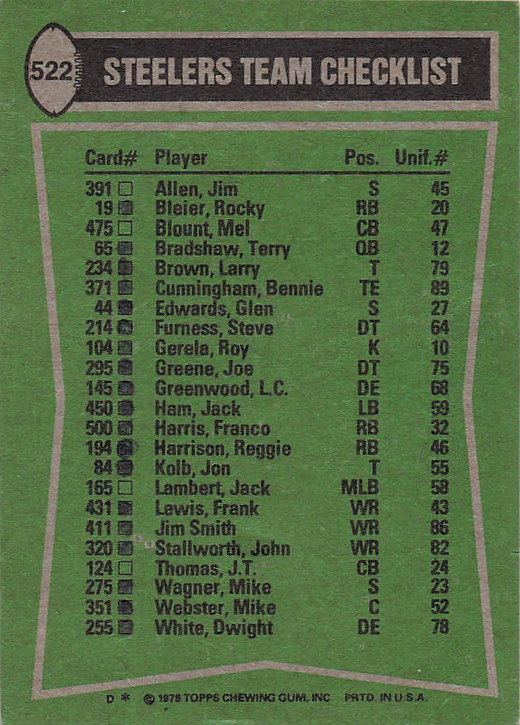 1978 Topps Football Harris / Smith / Blount / Furness #522