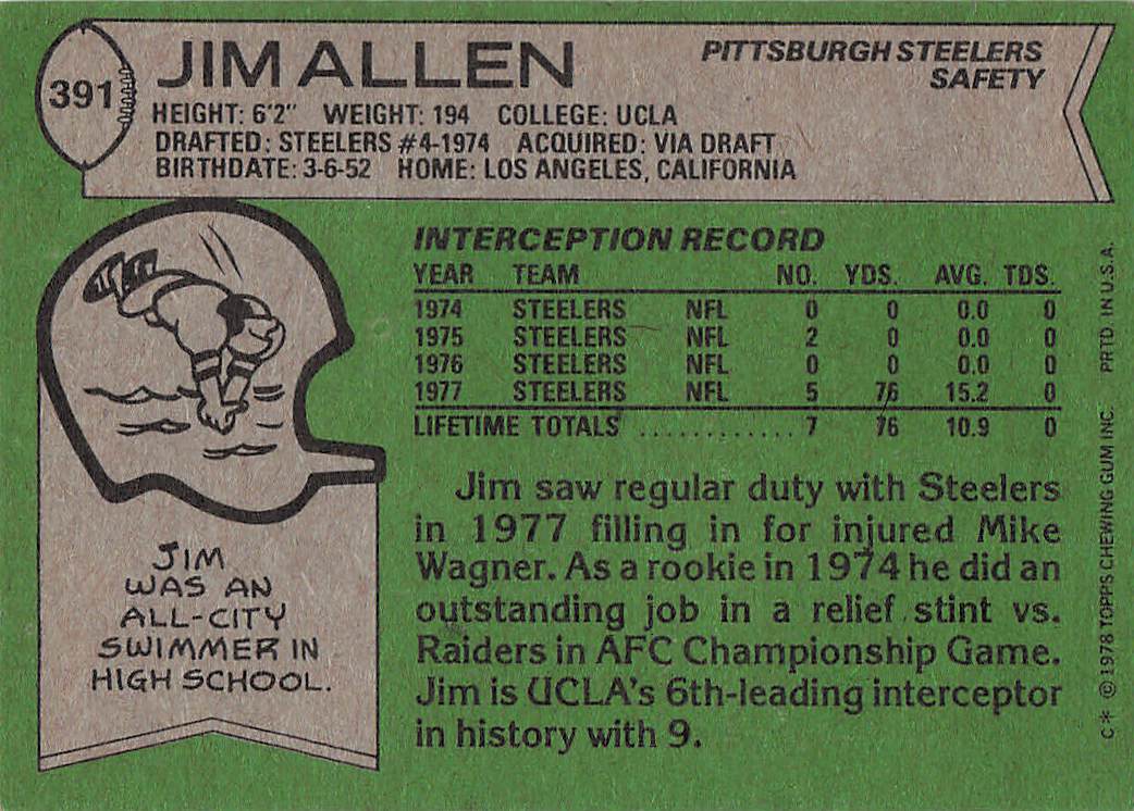 1978 Topps Football Jim Allen #391 Rookie