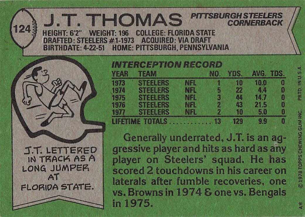 1978 Topps Football J.T. Thomas #124