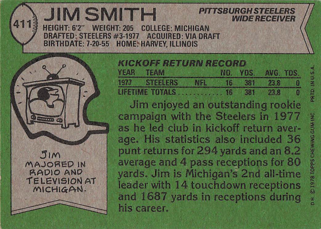 1978 Topps Football Jim Smith #411 Rookie
