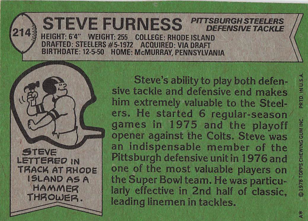1978 Topps Football Steve Furness #214