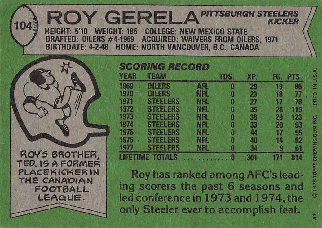 1978 Topps Football Roy Gerela #104