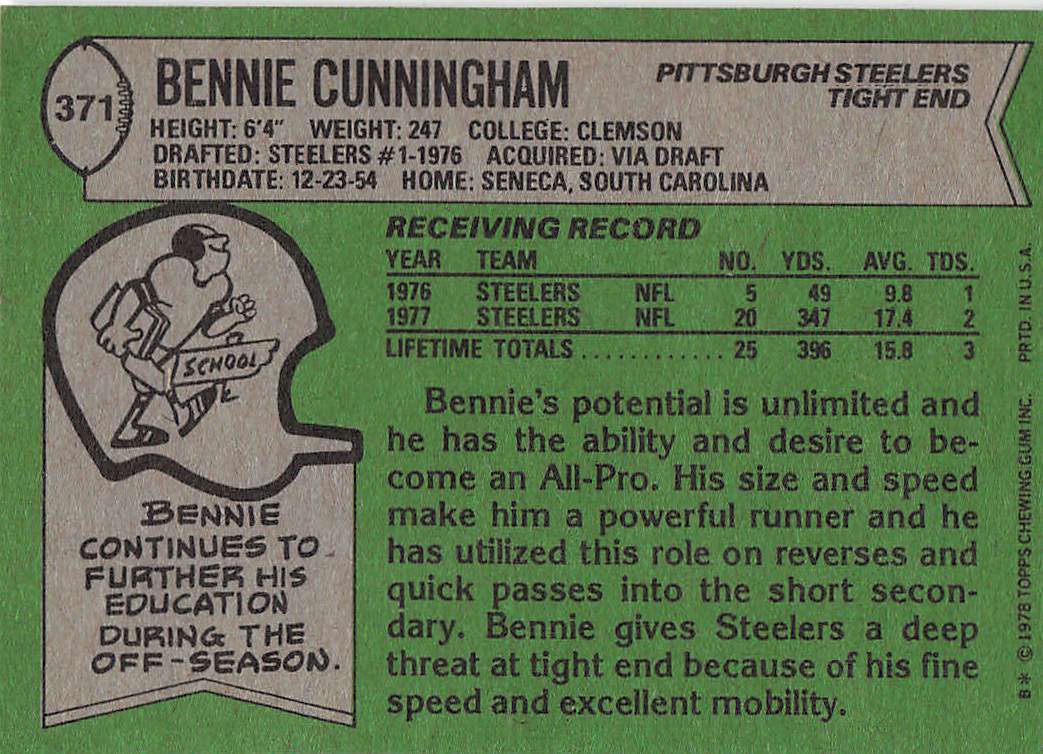 1978 Topps Football Bennie Cunningham #371 Rookie