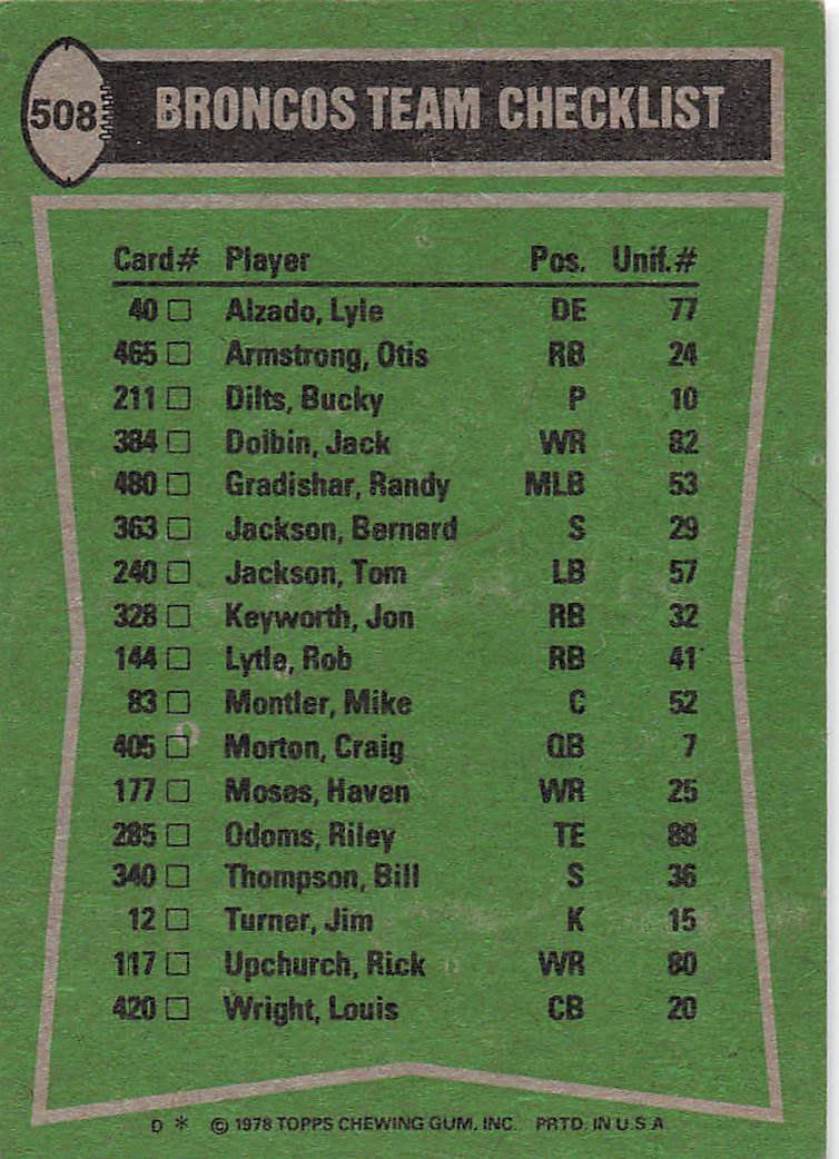 1978 Topps Football Armstrong / Moses / Thompson / Upchurch #508