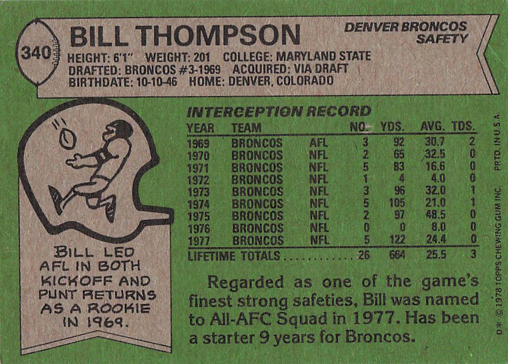 1978 Topps Football Bill Thompson #340