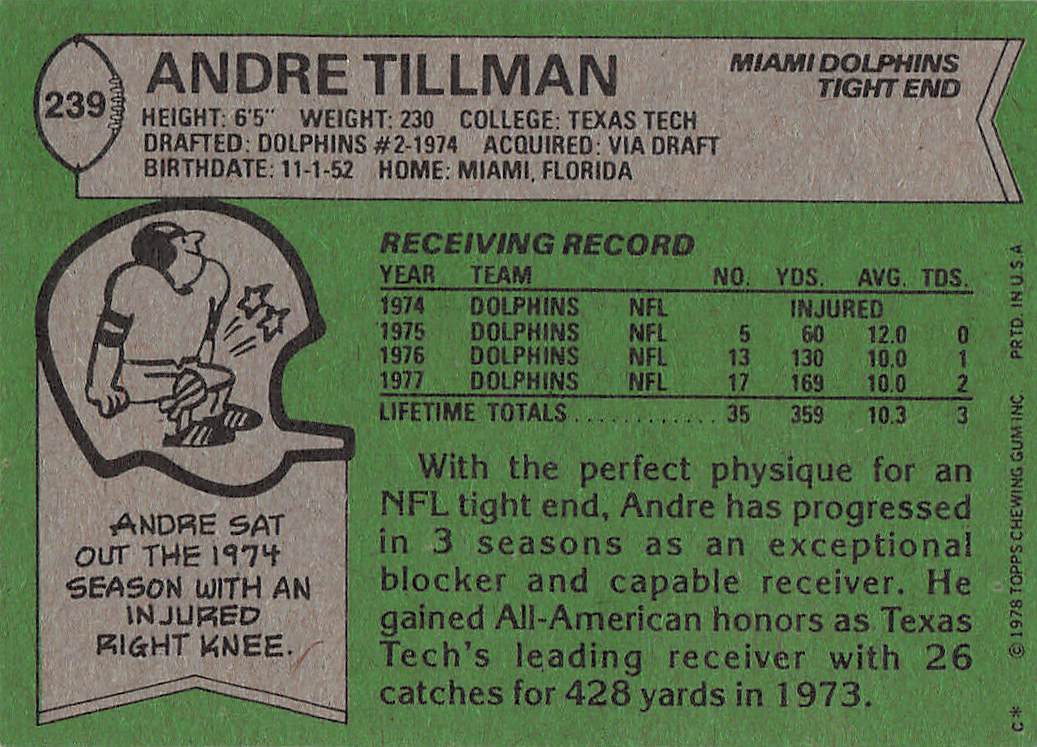 1978 Topps Football Andre Tillman #239